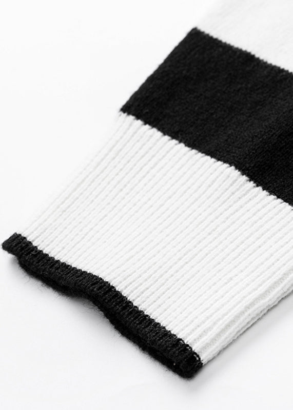 Black White Striped V Neck Cotton Knit Sweater Fall