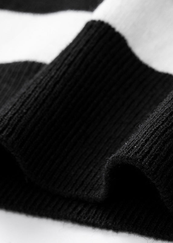 Black White Striped V Neck Cotton Knit Sweater Fall
