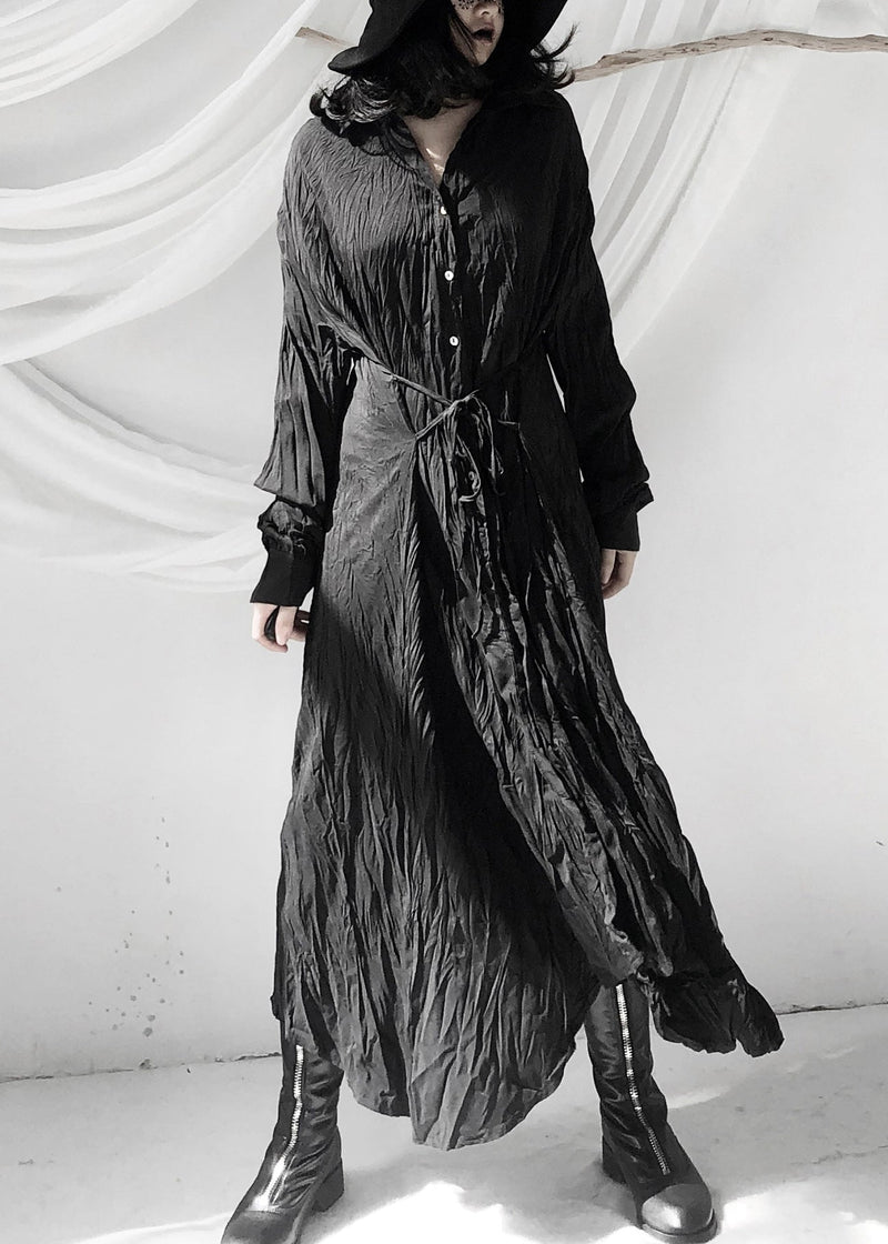 Black Wrinkled Button Tie Waist Maxi Shirts Dresses Fall