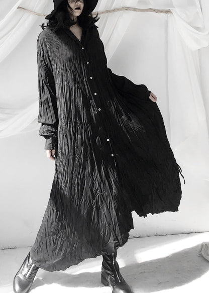 Black Wrinkled Button Tie Waist Maxi Shirts Dresses Fall