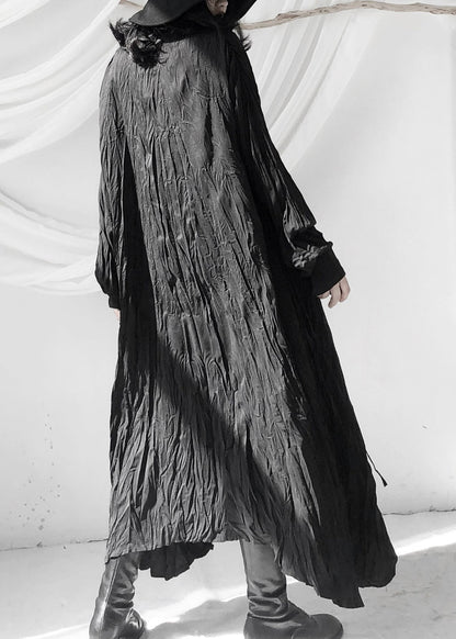 Black Wrinkled Button Tie Waist Maxi Shirts Dresses Fall
