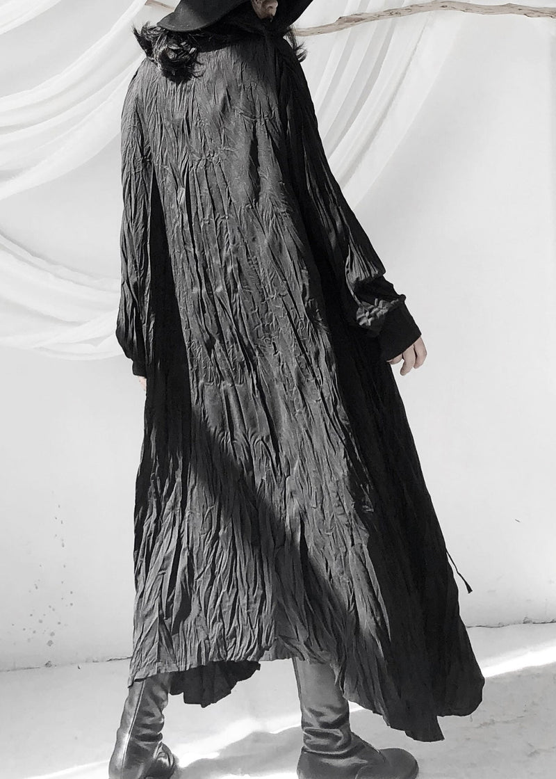 Black Wrinkled Button Tie Waist Maxi Shirts Dresses Fall