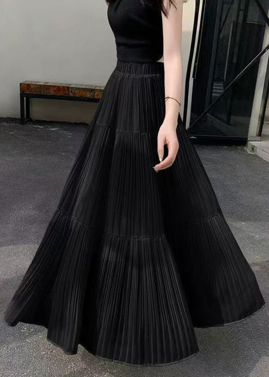 Black Wrinkled Elastic Waist Chiffon Skirt Summer