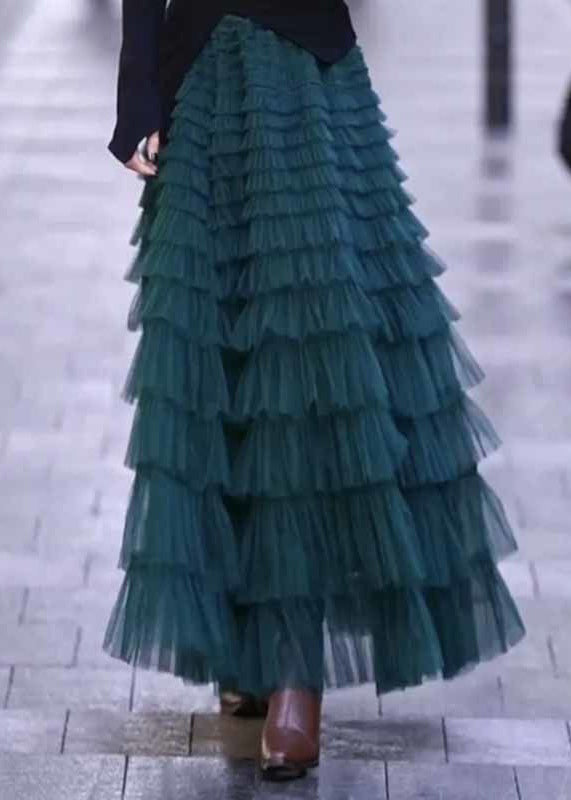 Black Wrinkled High Waist Patchwork Tulle Skirt Spring