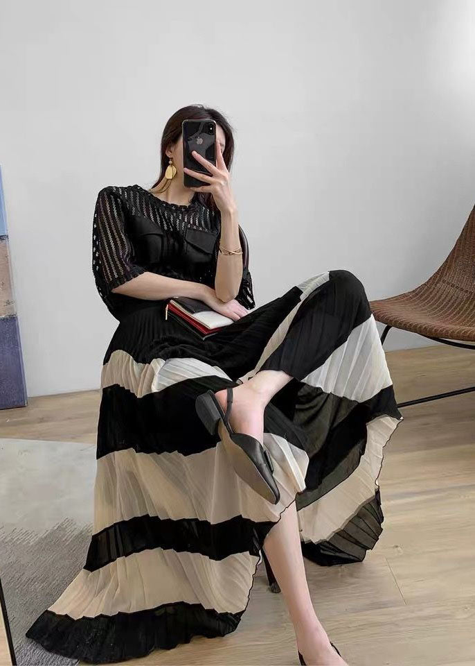 Black Wrinkled Patchwork Chiffon Skirts Spring