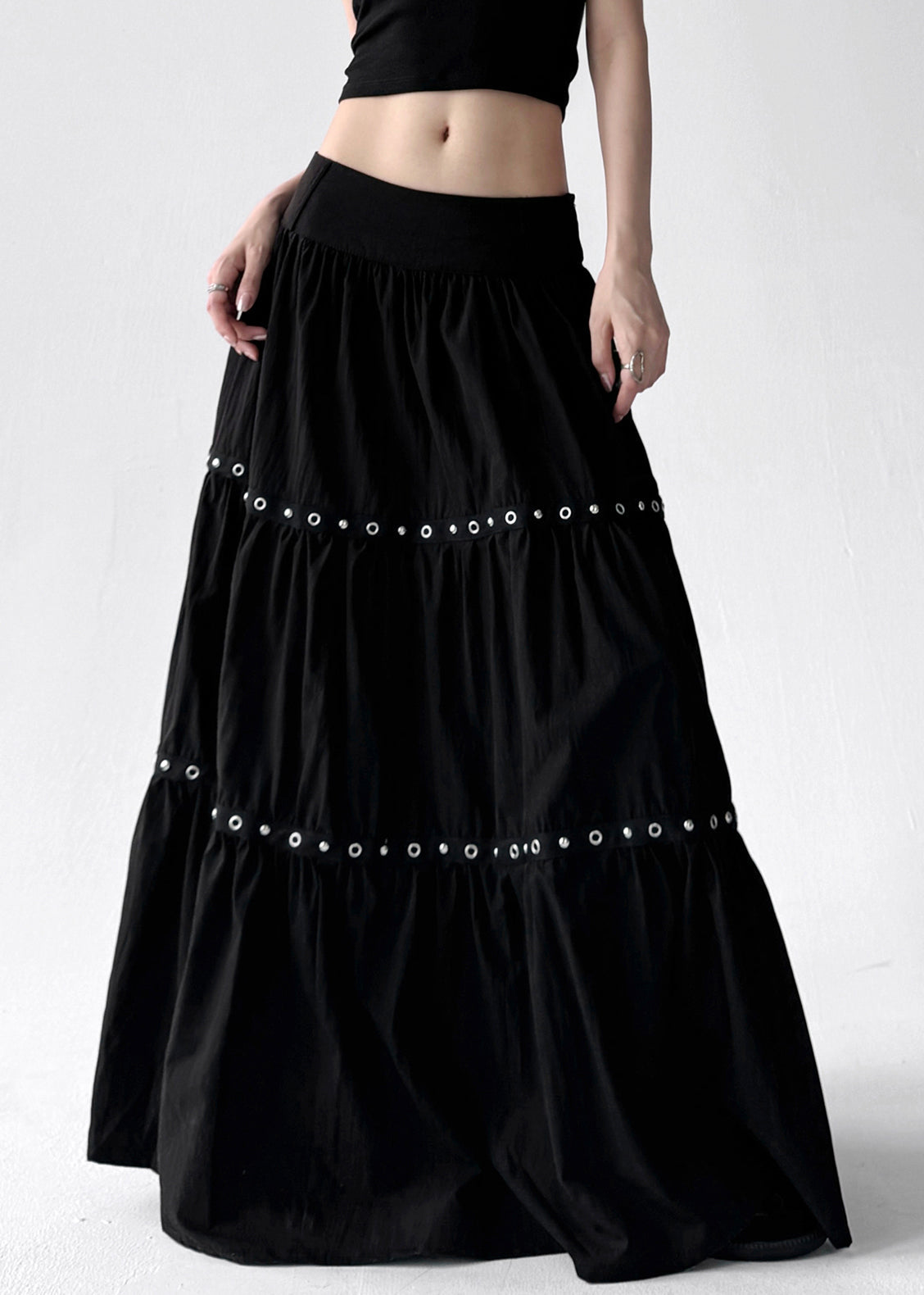 Black Wrinkled Patchwork Elastic Waist Cotton a Line Skirts Summer