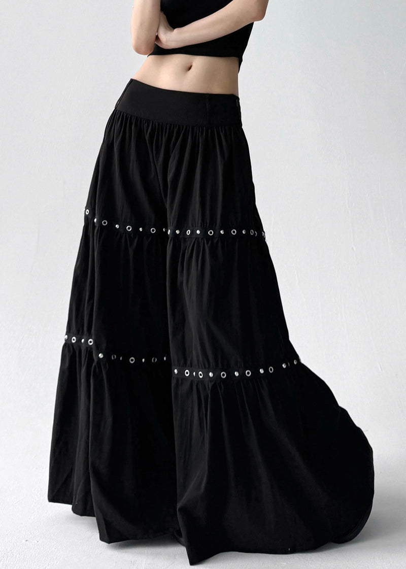 Black Wrinkled Patchwork Elastic Waist Cotton a Line Skirts Summer
