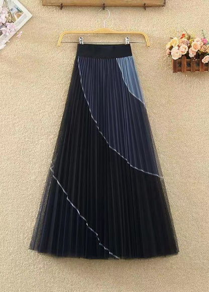 Black Wrinkled Patchwork Elastic Waist Tulle Skirt Spring