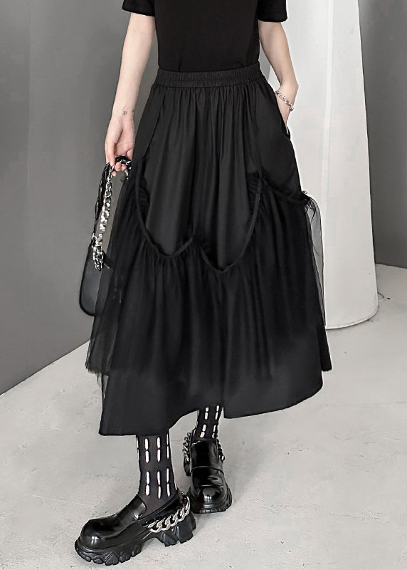 Black Wrinkled Pockets Elastic Waist Tulle Patchwork Skirts Fall