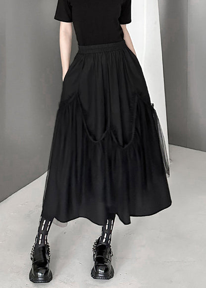 Black Wrinkled Pockets Elastic Waist Tulle Patchwork Skirts Fall