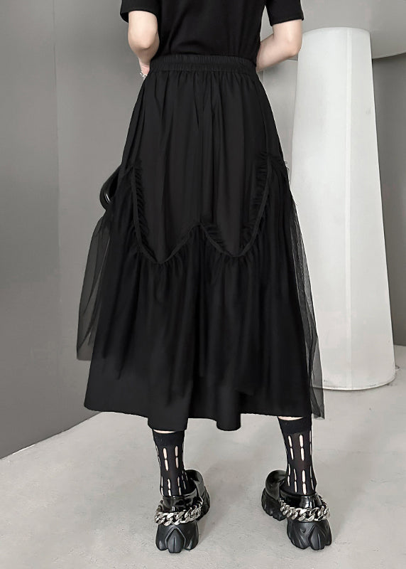 Black Wrinkled Pockets Elastic Waist Tulle Patchwork Skirts Fall
