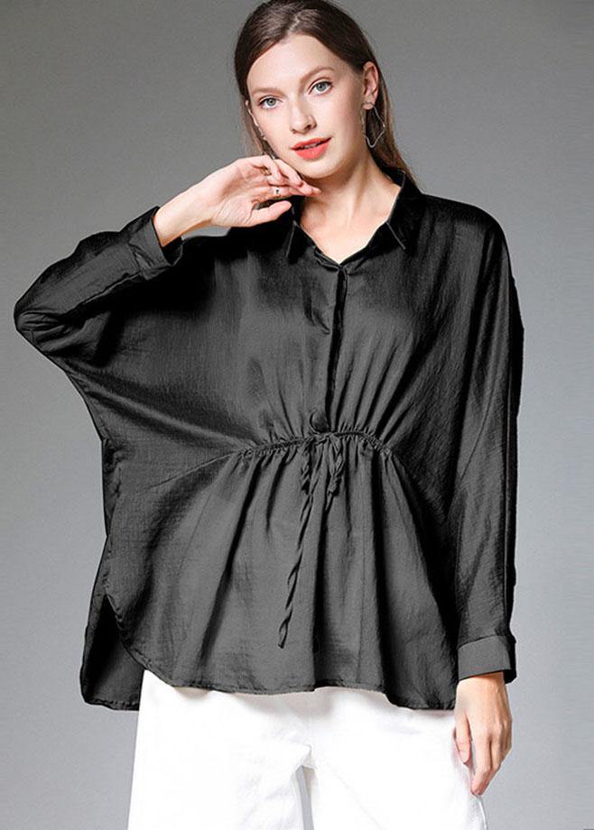 Women Black Wrinkled Tie Waist Fall Blouses Long Sleeve