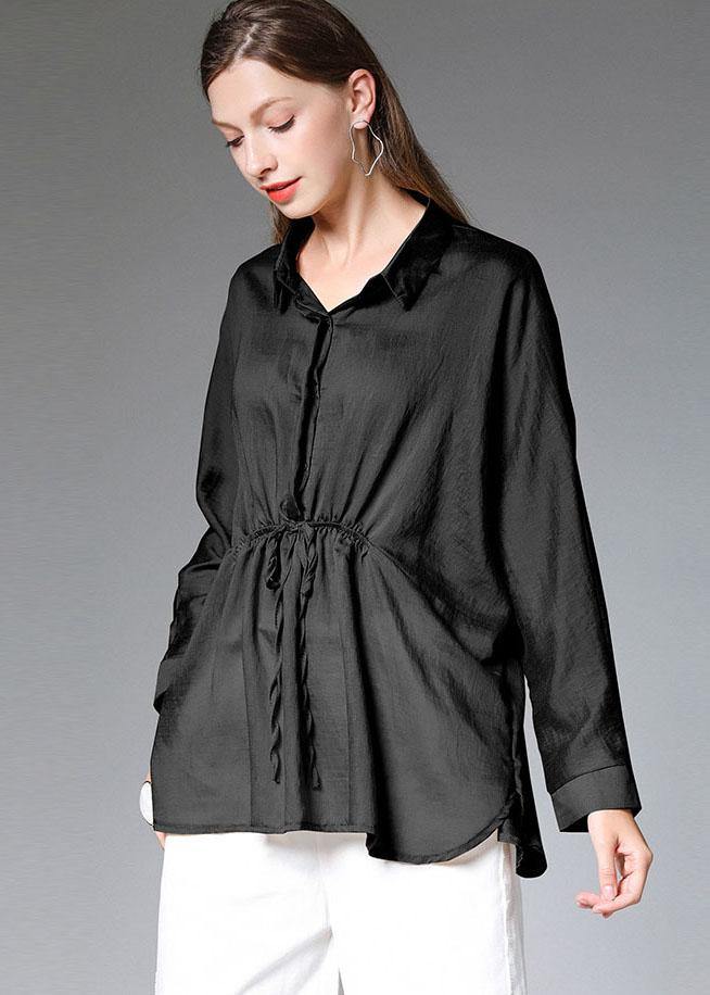 Women Black Wrinkled Tie Waist Fall Blouses Long Sleeve