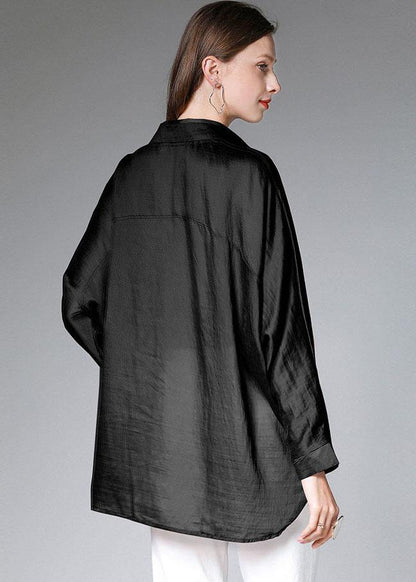 Women Black Wrinkled Tie Waist Fall Blouses Long Sleeve
