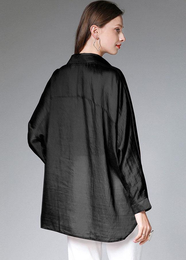 Black Wrinkled Tie Waist Fall Blouses Long Sleeve