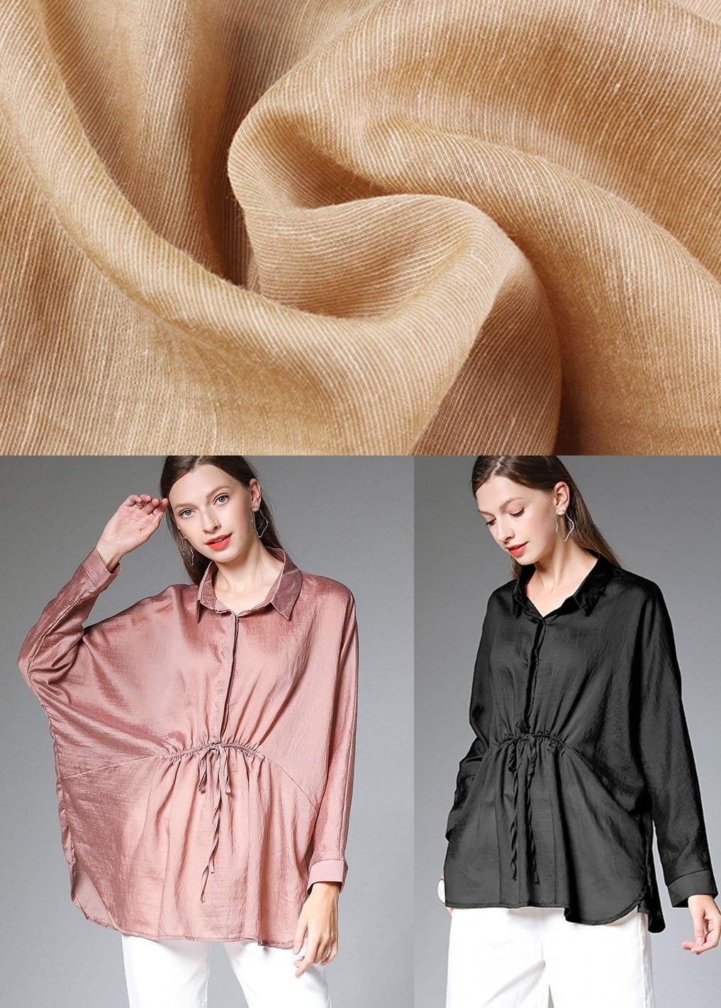Women Black Wrinkled Tie Waist Fall Blouses Long Sleeve