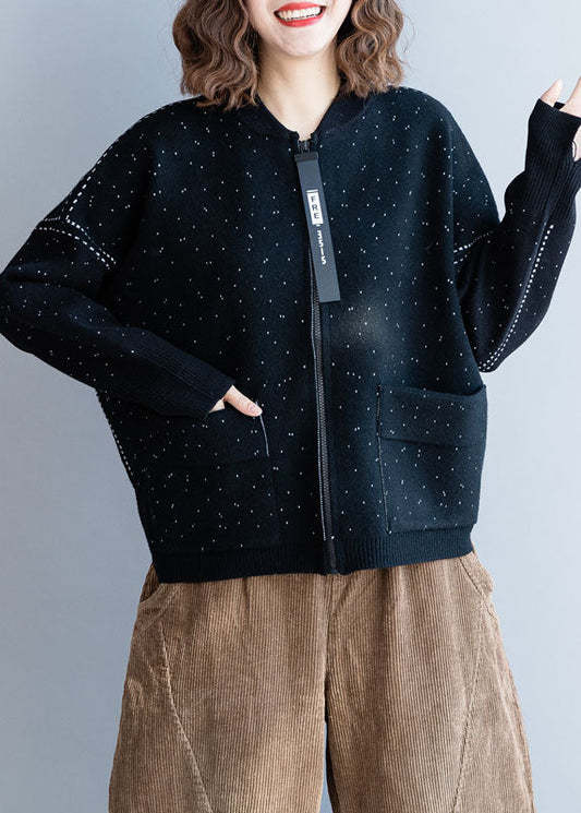 Black Zip Up Dot Woolen Knit Coat Winter