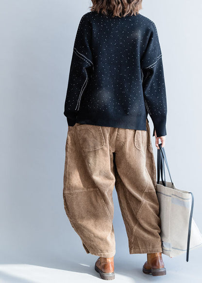 Black Zip Up Dot Woolen Knit Coat Winter