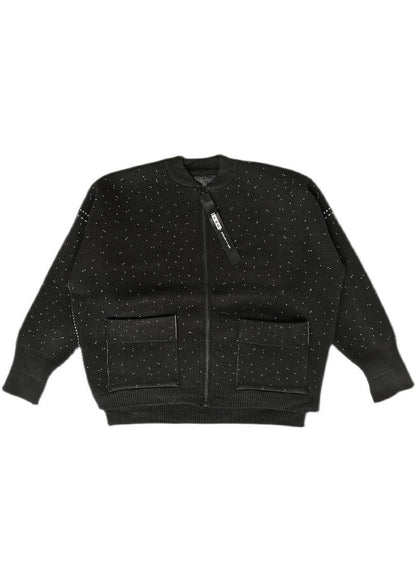 Black Zip Up Dot Woolen Knit Coat Winter