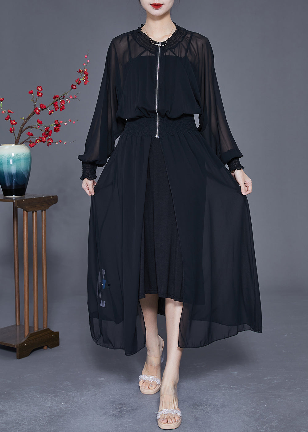 Black Zip Up Elastic Waist Chiffon Upf 50+ Coat Summer