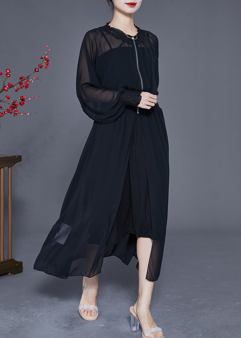 Black Zip Up Elastic Waist Chiffon Upf 50+ Coat Summer