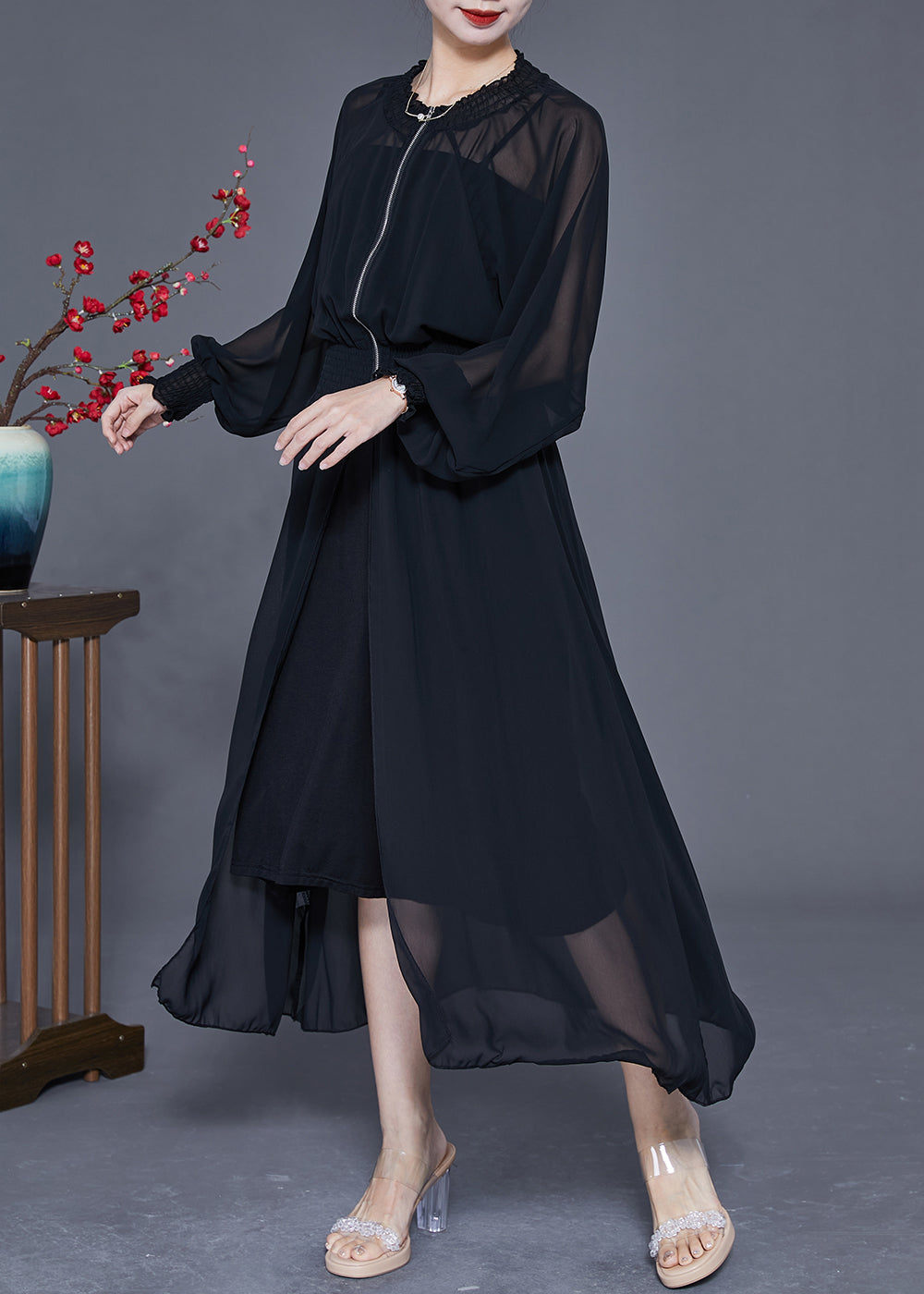 Black Zip Up Elastic Waist Chiffon Upf 50+ Coat Summer