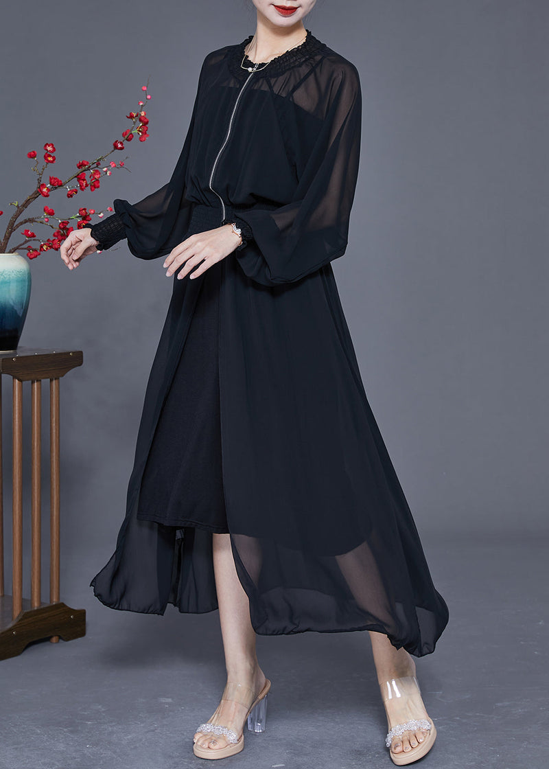 Black Zip Up Elastic Waist Chiffon Upf 50+ Coat Summer