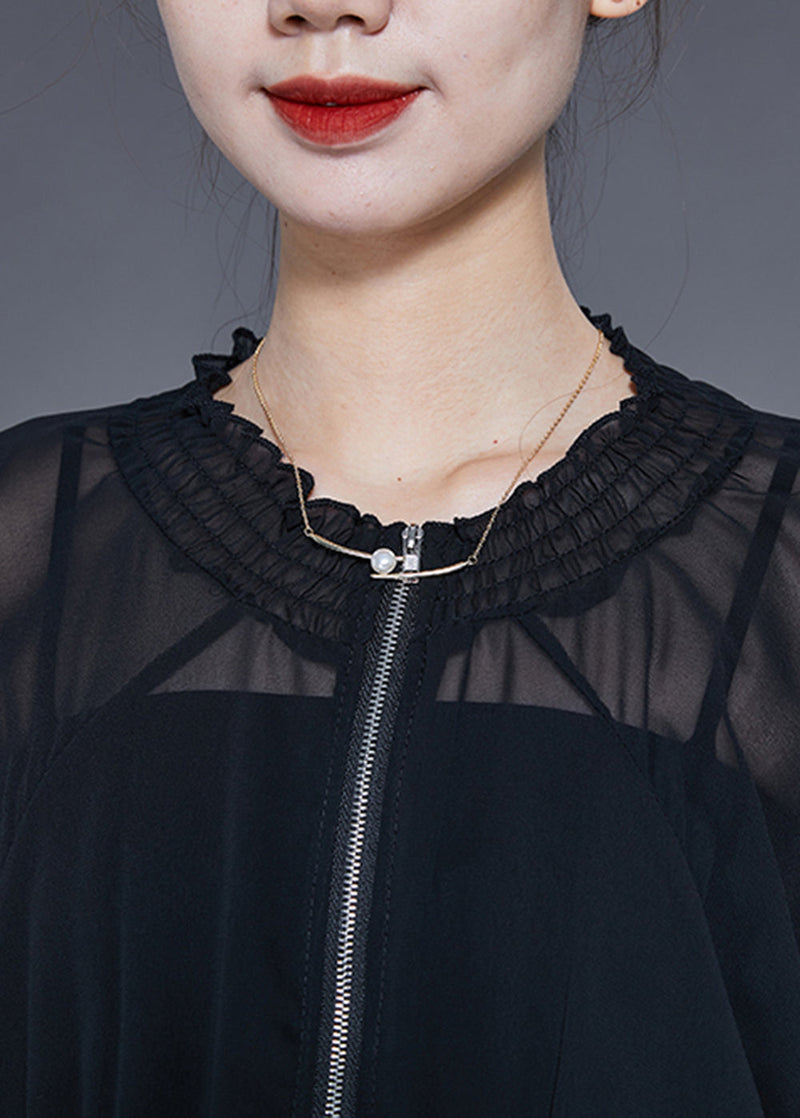 Black Zip Up Elastic Waist Chiffon Upf 50+ Coat Summer