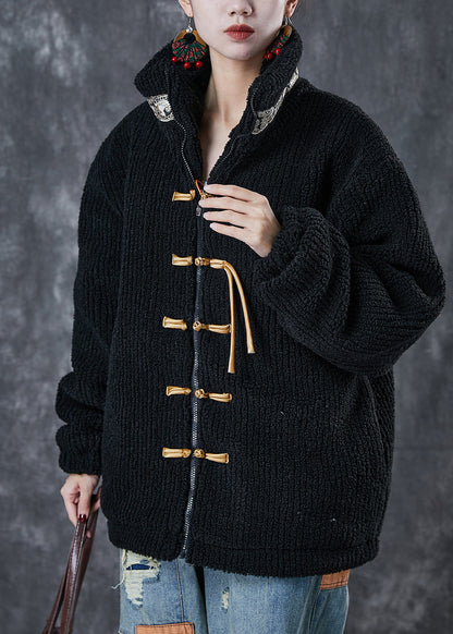 Black Zip Up Patchwork Chinese Button Fine Cotton Filled Jacket Winter