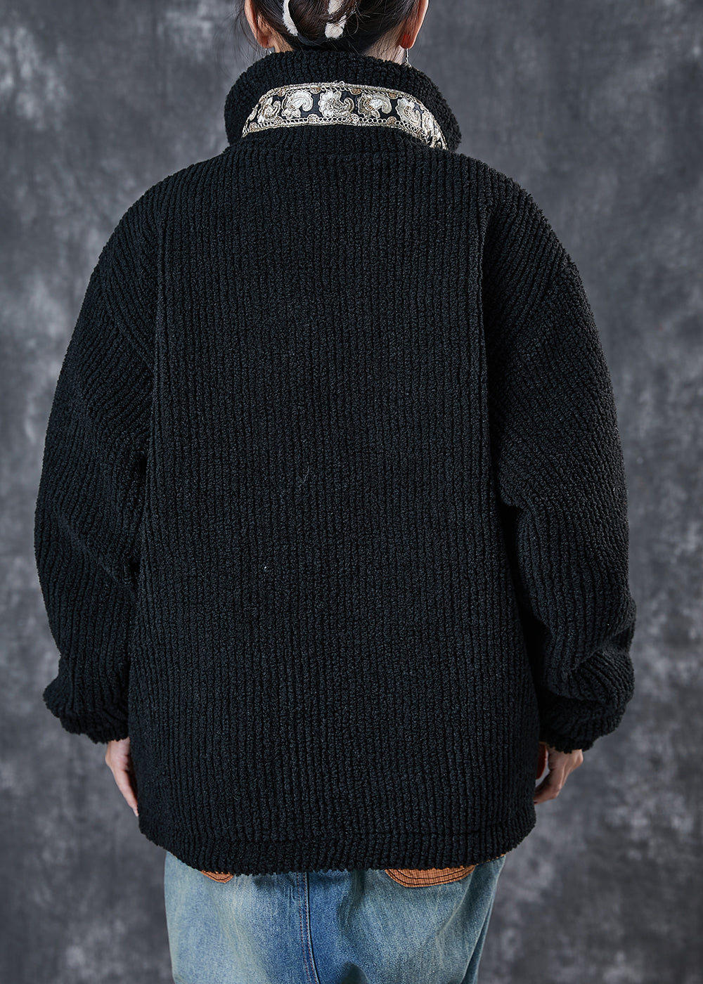Black Zip Up Patchwork Chinese Button Fine Cotton Filled Jacket Winter