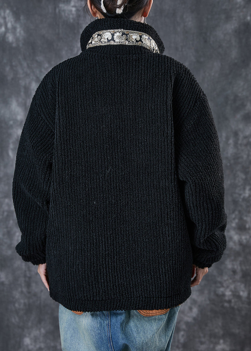 Black Zip Up Patchwork Chinese Button Fine Cotton Filled Jacket Winter