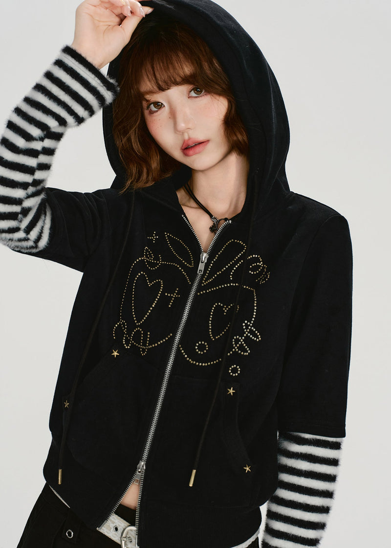 Black Zip Up Patchwork Cotton Hooded Coat Spring