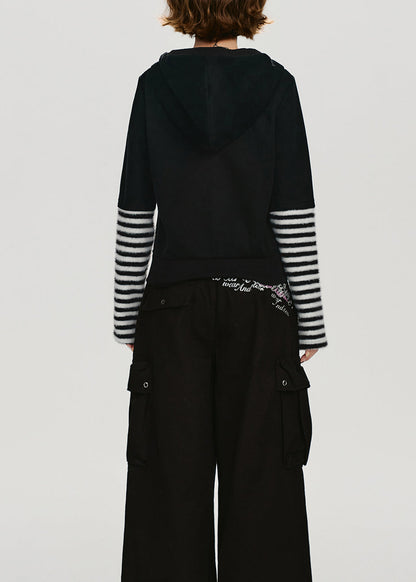 Black Zip Up Patchwork Cotton Hooded Coat Spring