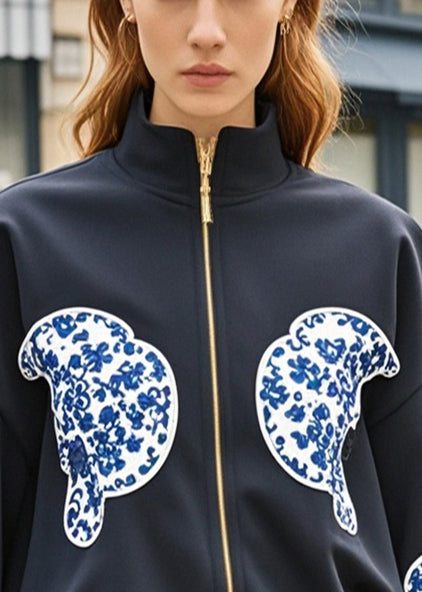 Black Zip Up Patchwork Print Cotton Coat Fall