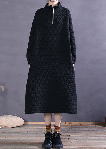 Black Zip Up Pockets Cotton Maxi Dress Winter