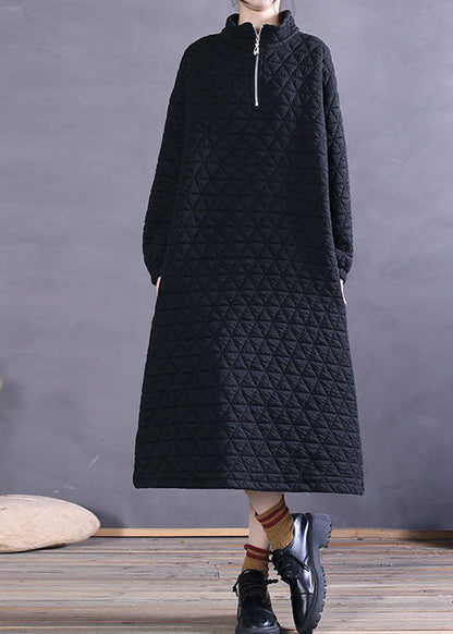 Black Zip Up Pockets Cotton Maxi Dress Winter