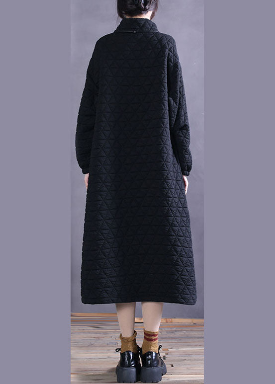 Black Zip Up Pockets Cotton Maxi Dress Winter