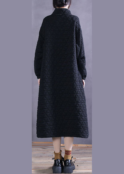 Black Zip Up Pockets Cotton Maxi Dress Winter
