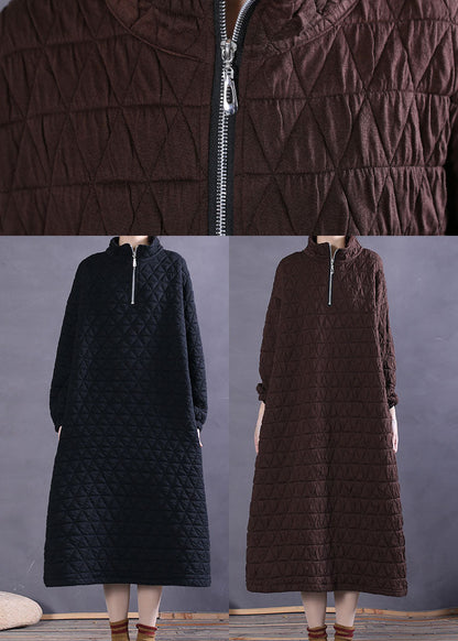 Black Zip Up Pockets Cotton Maxi Dress Winter