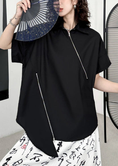 Black Zippered Asymmetrical Patchwork Cotton Blouses Short Sleeve