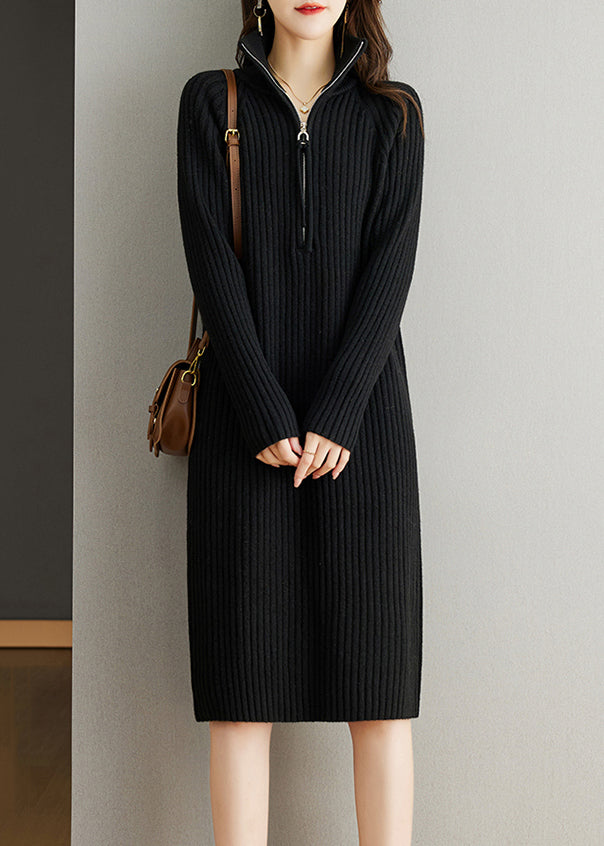 Black Zippered Patchwork Woolen Knit Dress Fall