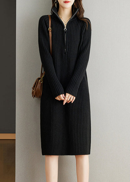 Black Zippered Patchwork Woolen Knit Dress Fall