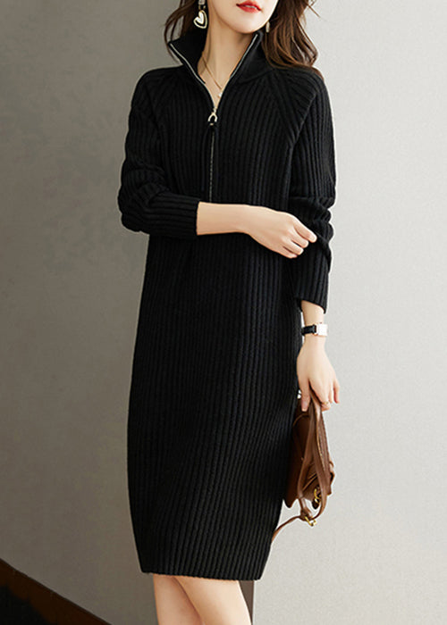 Black Zippered Patchwork Woolen Knit Dress Fall