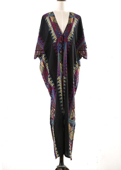 Black Block Cotton Tie Waist Beach Gown Summer Mid Dress