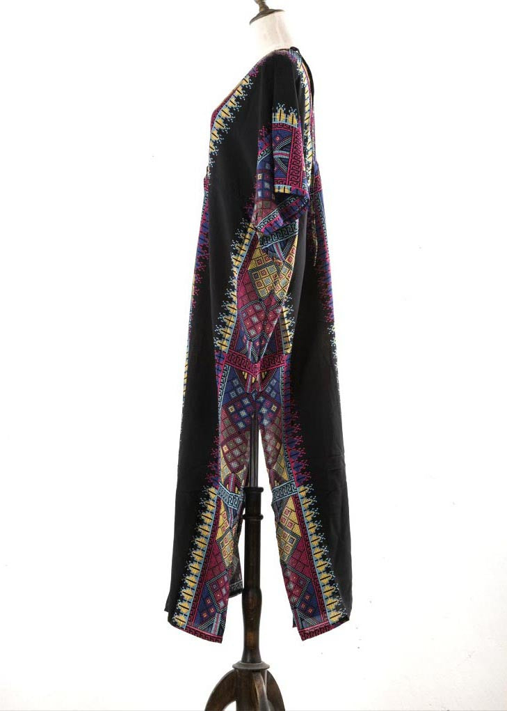 Black Block Cotton Tie Waist Beach Gown Summer Mid Dress