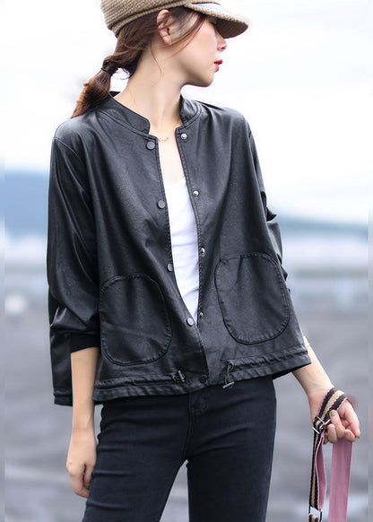 Black Button Drawstring Stand Collar Faux Leather Coats Long Sleeve