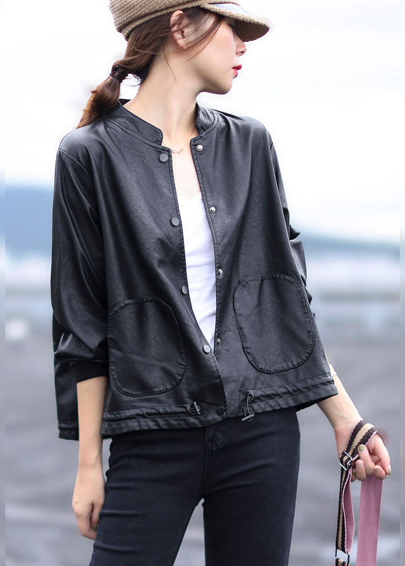 Black Button Drawstring Stand Collar Faux Leather Coats Long Sleeve