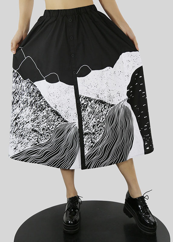 Black Button Elastic Waist Print a Line Skirts Spring