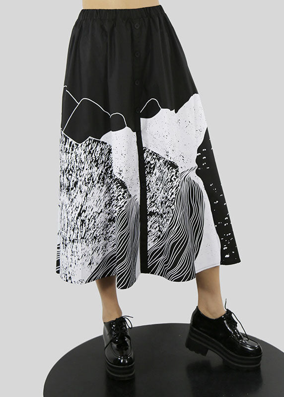 Black Button Elastic Waist Print a Line Skirts Spring