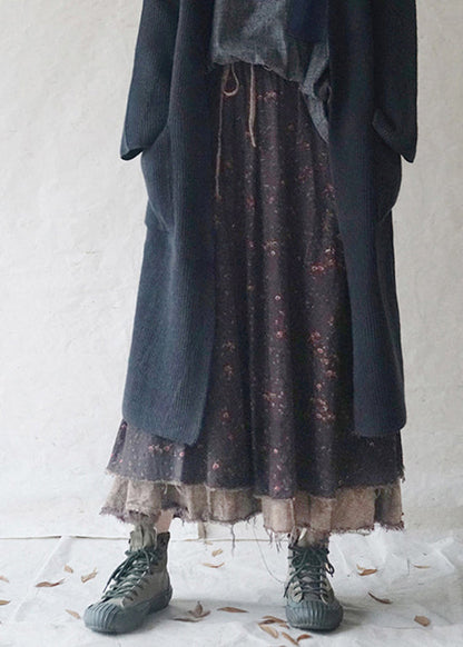 Black Elastic Waist Drawstring Print a Line Skirt Spring